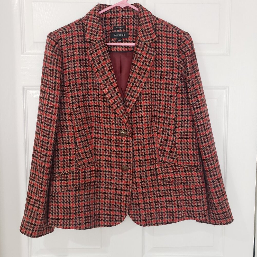 Talbots Aberdeen Red/Black/Tan Houndstooth‎ Wool Blend 2 Button Blazer Size 14